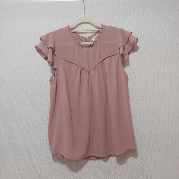 Monteau Pink Ruffled Cap Sleeve Blouse L - Picture 7 of 8